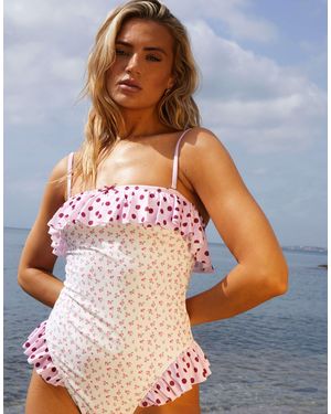 Going Somewhere Maillot 1 pièce bandeau à petites fleurs avec volants contrastants - crème - Blanc