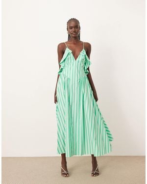 ARRANGE Cotton Frill Detail Midi Dress With Open Back - Green