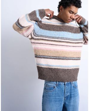 TOPMAN Pull décontracté en maille duveteuse à rayures - marron - Bleu