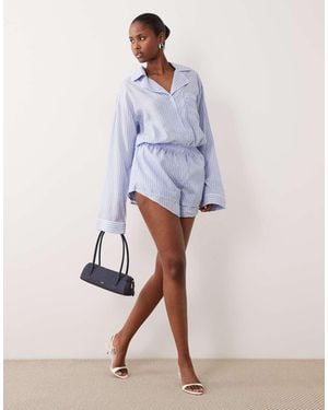 Noughts & Kisses Button Up Wide Sleeve Shirt And Shorts Playsuit - Blue