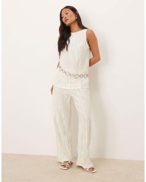 Vila High Waist Plisse Wide Leg Trouser Co-ord - Natural