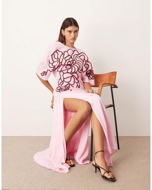 ARRANGE Linear Floral Embroidered Low Back Modern Maxi Tea Dress - Pink