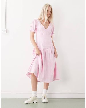 Collusion Vestido Largo Con Mangas Abullonadas Y Cintura Baja De -Gris - Rosa