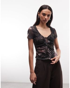 AllSaints Gabby Short Sleeve Ruched Tie Up Floral Mesh Top - Black