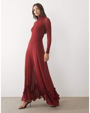AFRM Vestido Largo De Malla Con Forro Tipo Body, Espalda Descubierta Y Detalle De Volante En El Bajo En-Rojo