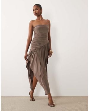 ASOS Ruched Bandeau Hanky Hem Slinky Midi Dress - Natural