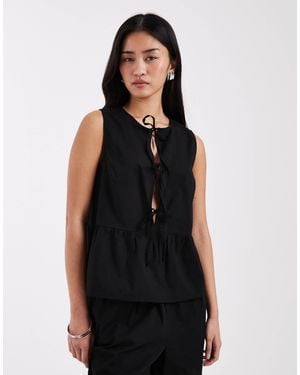 Pieces Tie Front Peplum Hem Top - Black