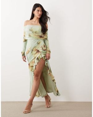 ASOS Mesh Bardot Maxi Dress With Drape And Ruffle Detail - Blue