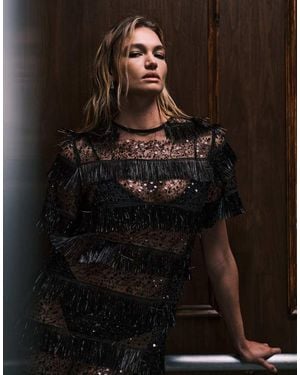 Ghospell Sheer Stripe Sequin Tassel Mini T-Shirt Dress - Brown