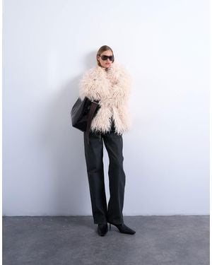 TOPSHOP Mongolian Faux Fur Funnel Neck Mid Length Coat - White