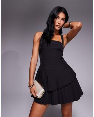 Kaiia Exclusive Tailored Halter Neck Asymmetric Ruffle Tiered Mini Dress - Black