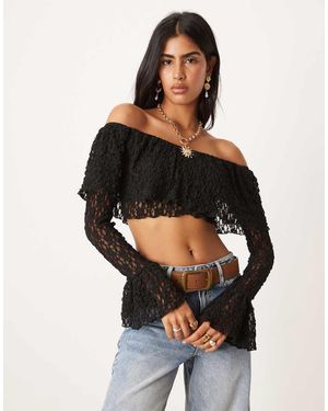 ASOS Bardot Long Sleeve Lace Crop Top With Ruffle Details - Black