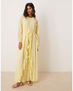 ASOS Crew Neck Ruched Waist Maxi Dress With Ruffles - Natural