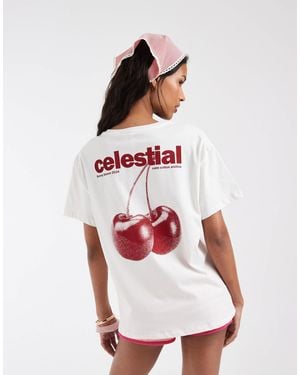 Pieces Oversized Celestial Cherry Graphic T-shirt - White