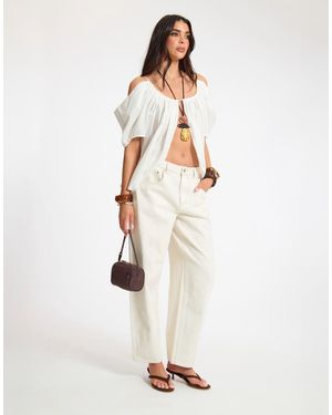 Missy Empire Linen Ruched Off Shoulder Split Front Top - White