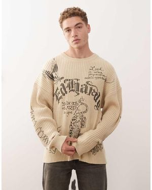 Ed Hardy Gothic Ribbed Knitted Crew Jumper - Natural