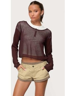 Edikted Kilian Sheer Knit Henley Top - Brown