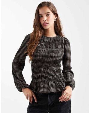 New Look Shirred Check Long Sleeve Top - Black