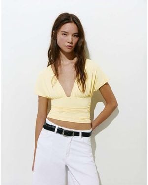 Pull&Bear Gathered V-Neck Top - White