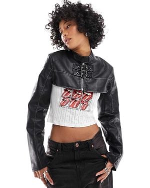 Bershka Ultra Cropped Faux Leather Biker Jacket - Grey