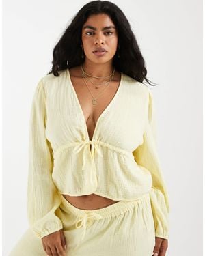 Pieces Plus Pieces curve - top d'ensemble à manches longues noué devant en coton froissé - pastel - Jaune