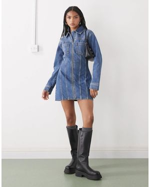 Collusion Denim Long Sleeve Shirt Dress - Blue