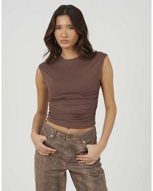 Brave Soul Round Neck Sleeveless Top With Ruching - Brown
