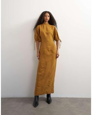 TOPSHOP Vestido Largo De Cuello Alto Con Manga Abullonada Con Cierre En Rayas Tejidas Marrones-Neutro - Marrón