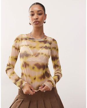 Monki Mesh Semi Sheer Long Sleeve Top - Natural