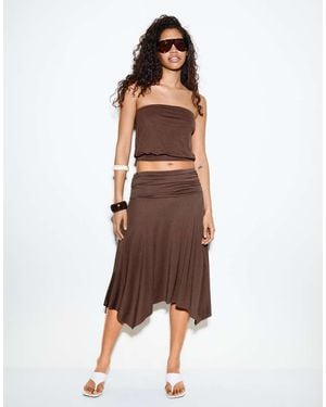 Bershka Gathered Modal Effect Midi Skirt - Brown