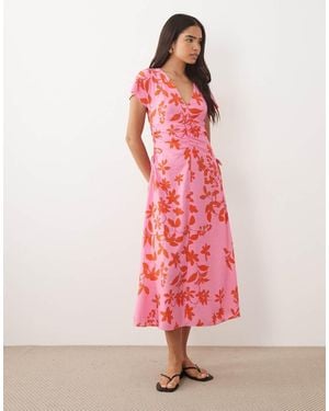 Mango Midi Jurk Met V-Hals En Bloemenprint - Roze