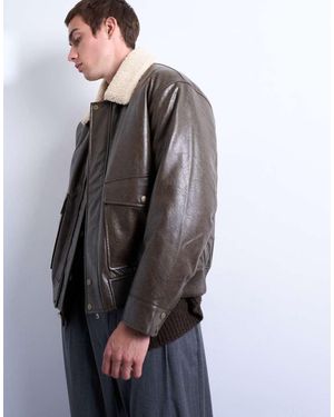 TOPMAN Faux Leather Teddy Collar Washed Jacket - Grey