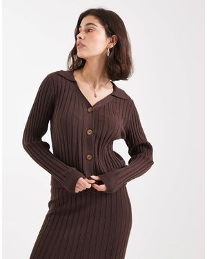 Object Rib Knitted Button Front Polo Co-ord - Brown