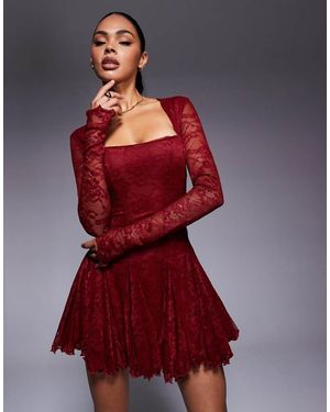 Murci Square Neck Long Sleeve Gathered Ruffle Hem Lace Mini Dress