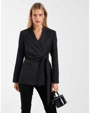 River Island Striped Tie Waist Blazer - Black
