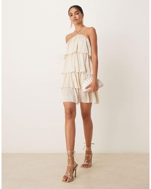 Vila High Neck Satin Ruffle Mini Dress - Natural