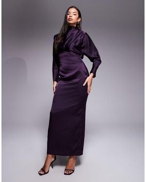 TFNC London Ziya Satin High Neck Foldover Detail Maxi Dress - Purple