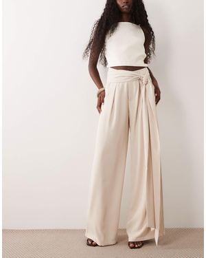 SNDY'S Tailored Belted Tie Drape Pleat Detail Wide Leg Pants - Natural