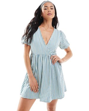 Daisy Street Puff Sleeve Tie Waist Mini Dress - Blue