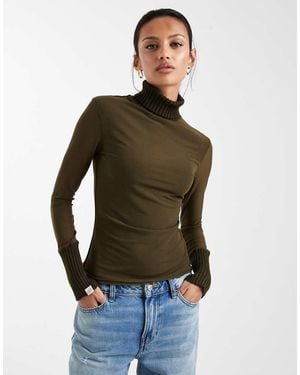 Daisy Street Knit And Mesh Long Sleeve Top - Green