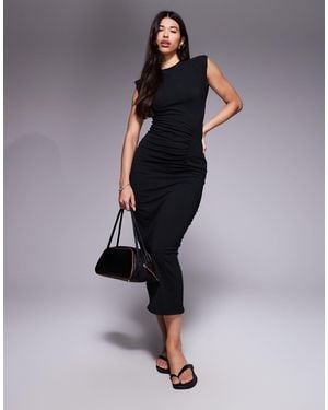 ASOS Shoulder Pad Ruched Detail Midi Dress - Black