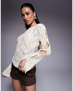 ASOS Slash Neck Lace Top With Bow Detail - Grey