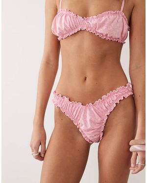 Miss Selfridge Frill Ruched Pointelle Bikini Bottom - Pink
