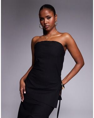 Kaiia Exclusive Cotton Blend Linen Look Bandeau Asymmetric Tie Side Top Co-Ord - Black