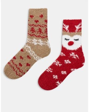 Pieces – weihnachten – 2er-pack flauschige rentiersocken - Rot