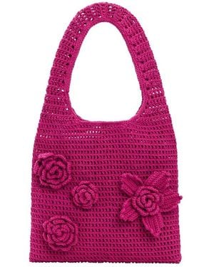 Desigual Crochet Bag With Flowers, Cotton - Pink