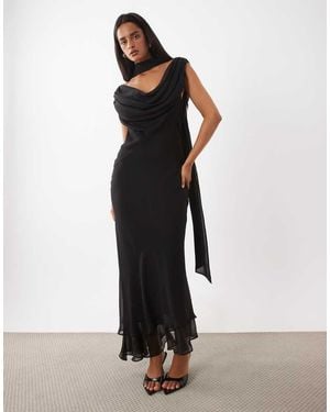 ASOS Draped Off Shoulder Scarf Detail Double Layer Maxi Dress - Black