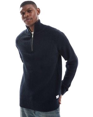 Jack & Jones Ribbed Fisherman Quarter Zip Jumper - Blue