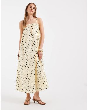 Pieces Vestido Largo Amarillo De Tirantes Con Estampado De Lunares Marrones De Algodón - Blanco