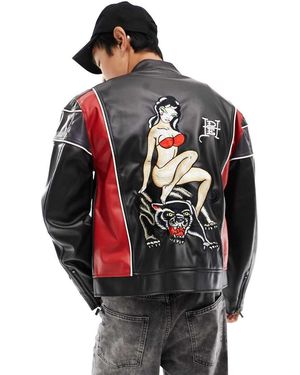 Ed Hardy Oversized Faux Leather Moto Jacket With Lady Back Print - Grey